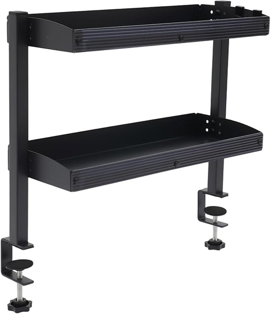 2-Tier Clamp-on Desk Shelving Unit, Adjustable Metal Storage Tray Desk Shelf, Space-Saving Desktop Organizer for Gaming Devices, Office Supplies and Dresser Top Storage, Ideal for Office, Study