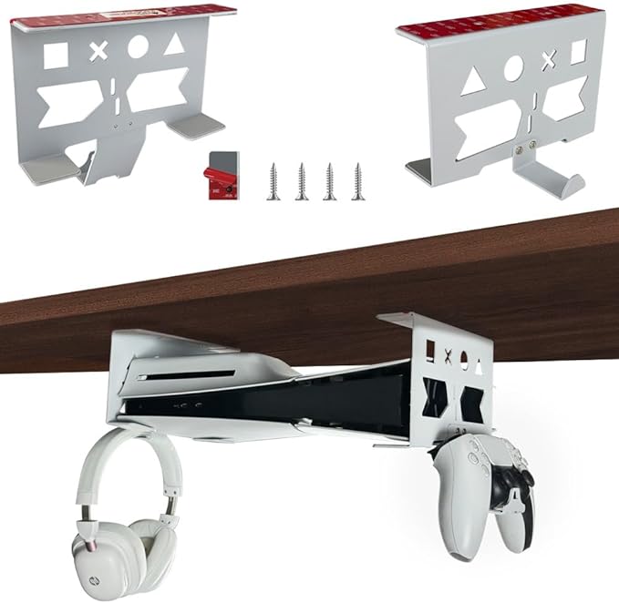 Aluminum Under Desk Mount for PS5/PS5 Slim/ PS5 Pro Digital & Disc, Securing Under Desk Bracket with Detachable Controller & Headphone Holder Kit No Drill (White)