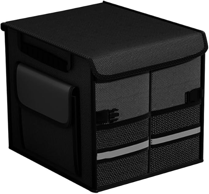 HZEL Car Trunk Organizer with Lid, Foldable Slip Resistant Multi-Compartment Vehicle Cargo Storage Box, Collapsible Waterproof Automotive Trunk Organizer, Universal for SUV Van Truck (Black)