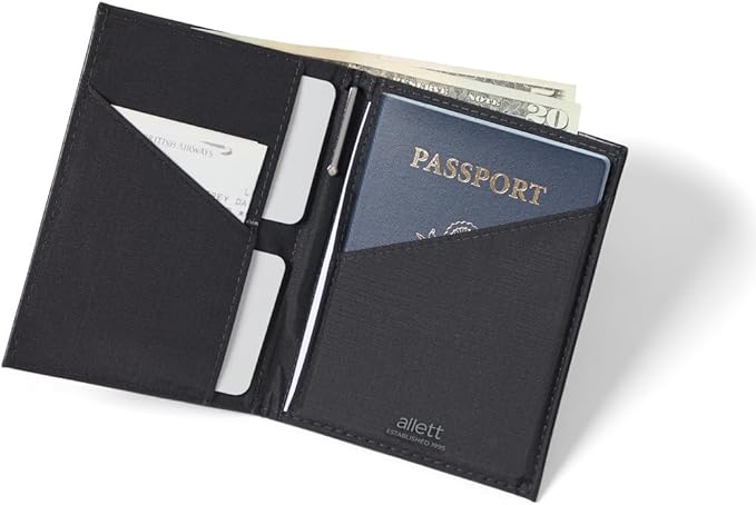 Allett Travel Wallet, Onyx Black | Leather, Thin Bifold, RFID Blocking, Minimalistic, Front Pocket | Holds Up To 10 Cards & Passport | For Men & Women