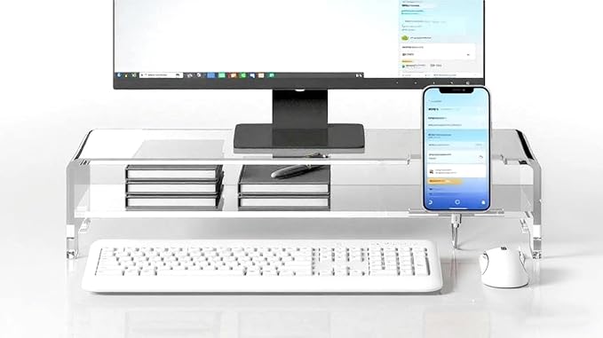 Larger Acrylic Monitor Stand - 20 inch 2 Tier Riser for iMac, PC, Desktop, Laptop, TV with Storage Shelf, Home Office Desk Organizer (20in with phone holder)
