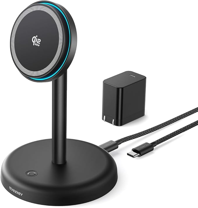 THREEKEY for Qi2 Certified 25W Magnetic Charging Stand with Cooling Fan & LED Light, Fast Wireless Charger Station for iPhone 17-12 Series/Galaxy S26-S25【Included 35W Adapter &5ft Cable】