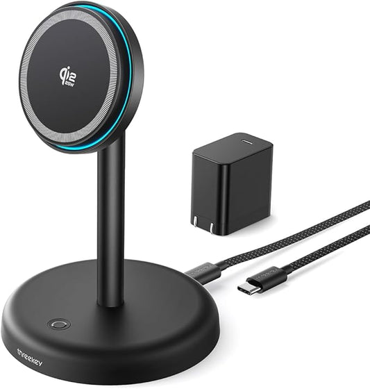 THREEKEY for Qi2 Certified 25W Magnetic Charging Stand with Cooling Fan & LED Light, Fast Wireless Charger Station for iPhone 17-12 Series/Galaxy S26-S25【Included 35W Adapter &5ft Cable】