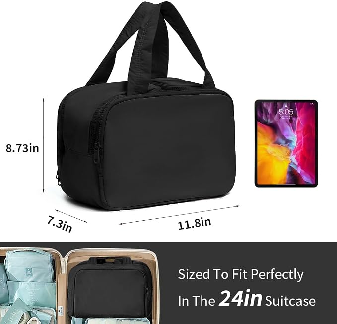 Puffer Travel Toiletry Bag – Large Capacity 11.8”L Makeup Organizer, 4 Compartments, Waterproof Wet/Dry Separation, Ultra-Light Taslan Fabric – Ideal for Business Trips, Gym, Family Vacation, Camping