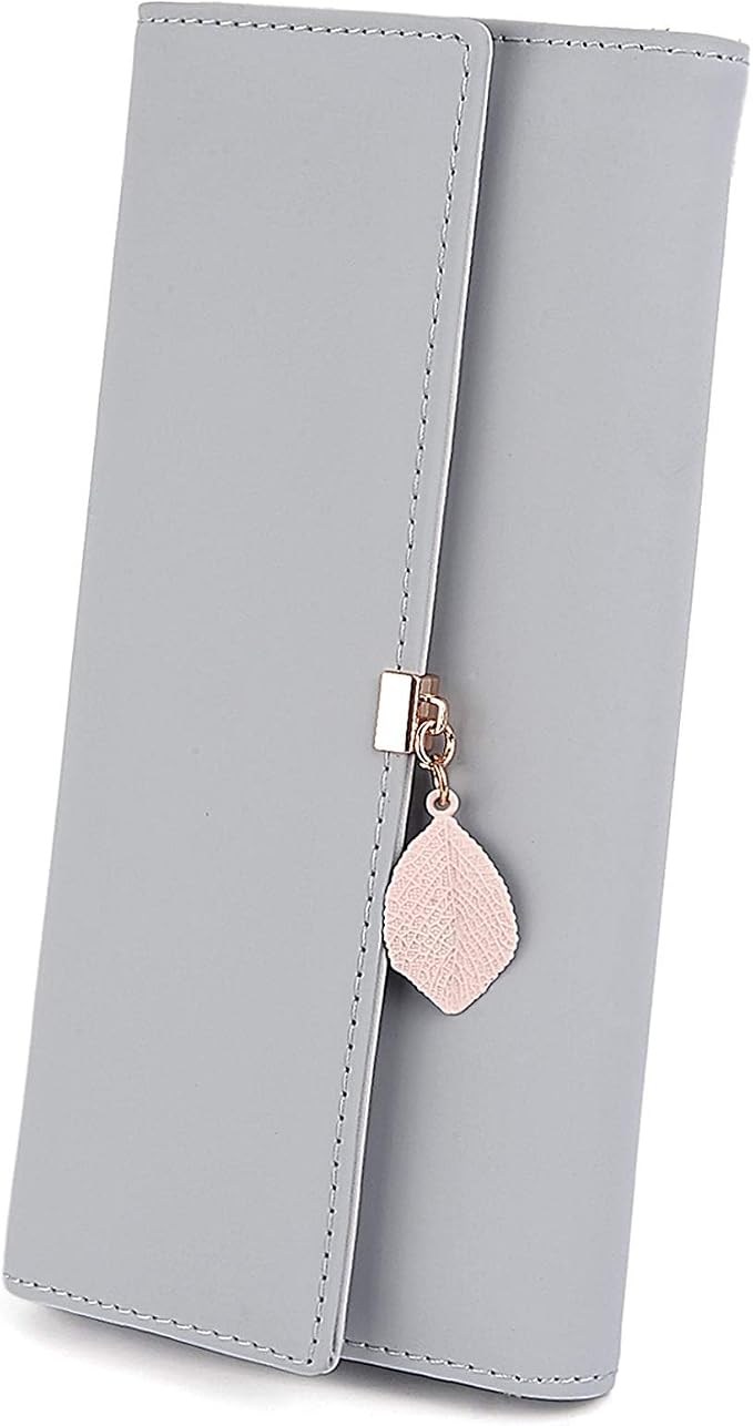 UTO RFID Wallet for Women PU Leather Leaf Pendant Card Holder Phone Checkbook Organizer Zipper Coin Purse | Leaf Pendant