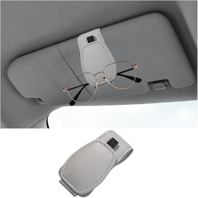 Sunglass Holder for Car Visor, Magnetic Leather Vehicle Sun Visor Storage Clip for Different Size Eyeglasses, Automotive Interior Glasses Ticket Card Clip, Universal for SUV RV Truck (Gray)