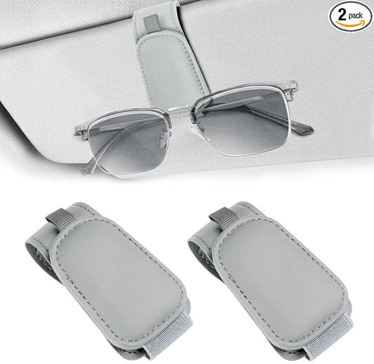 Teraves 2 Pack Sunglass Holder Clip for Car Visor, Upgrade Magnetic Leather Visor Sunglasses Clip, Easy to Hold Your Glasses Eyeglasses, Grey