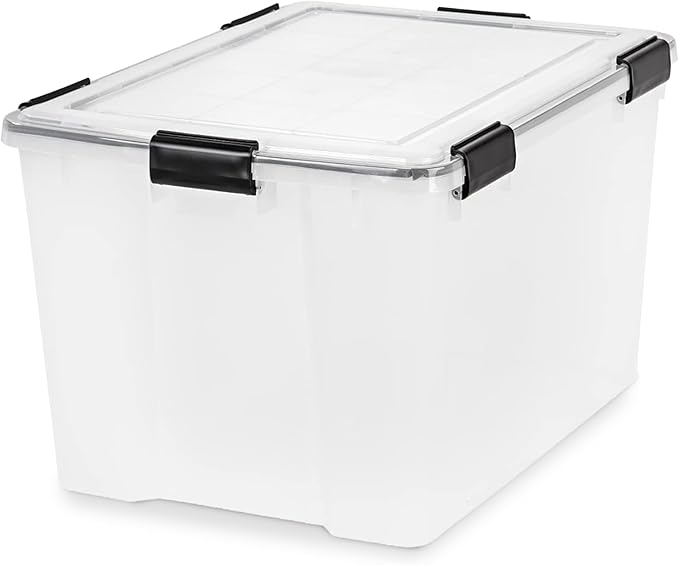 IRIS USA WeatherPro 74 Qt Storage Bins with Lids, 4 Pack, BPA-Free Plastic Gasket Box with Tight Latch and Seal, Stackable Nestable Tote Tub - Clear/Black