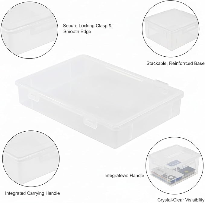 Low-Profile Rectangular File Box with Handle, Transparent PP Plastic Document Organizer for Desktop Storage