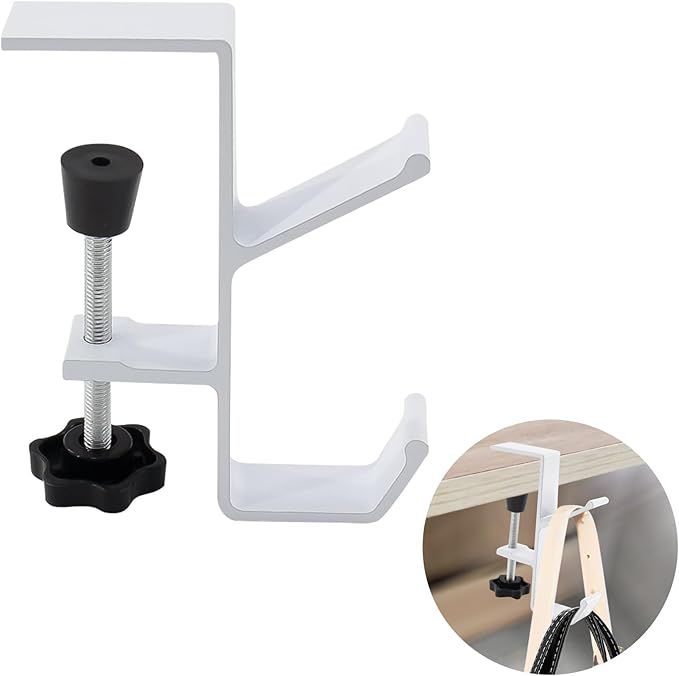 Desk Mount Bag Holder Hook Clamp,On Backpack Hanger Portable Desk Mount Headphones Holder for Reduce Desk Clutter Table Desk Table Hanging Storage (1 Pcs-Double Hook White)