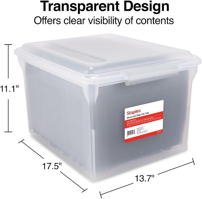STAPLES Store & Slide Plastic File Box Latching, Letter/Legal Size, Clear, 4/Carton