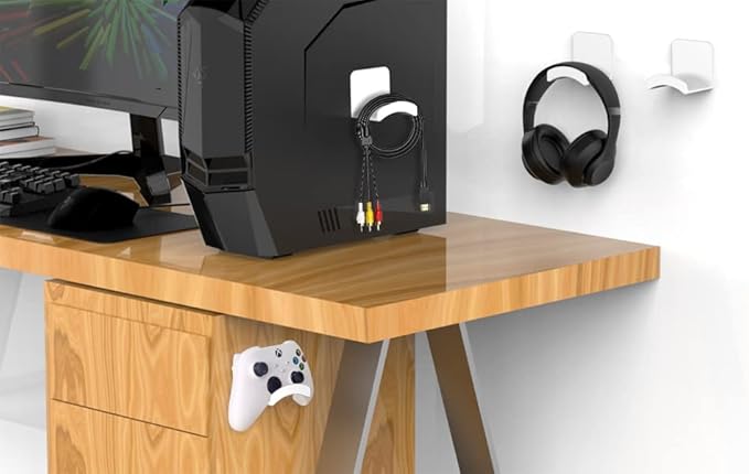 HomeMount Headphone Stand - Adhesive Gaming Headset Hanger Hook Desk Mount for Most Headphones & Controllers (White 2Pack)