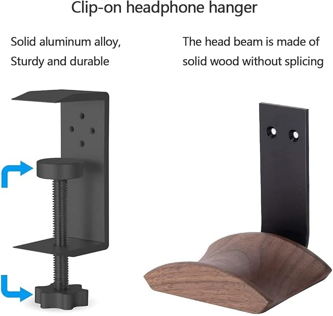 Headphone Holder with 6cm Wide Walnut Headrest,Adjustable Clamp-on Headset Stand Desk Headset Holder for Over Ear and Gaming