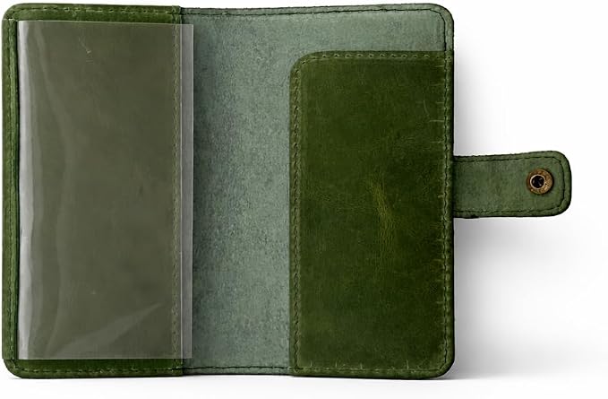 Genuine Leather Checkbook Cover Green - Handmade Check Holder with Divider & ID Window, Slim Organizer Wallet for Business, Travel & Everyday Use, 3.5 x 7 in