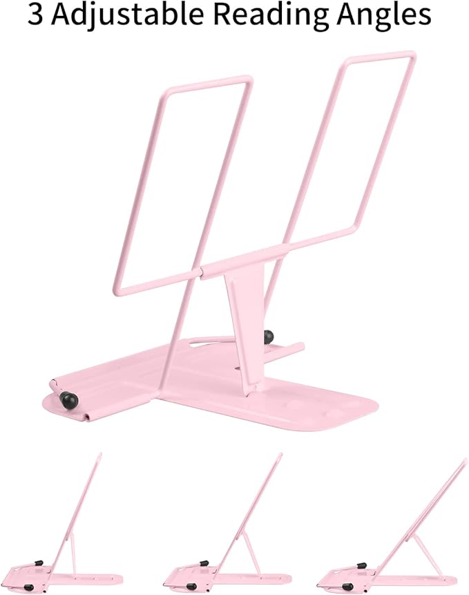 MSDADA Metal Book Stand for Desk, Adjustable Reading Rest Book Holder, Portable Cookbook Documents Holder, Sturdy Typing Stand for Recipes Textbooks Tablet Music Books with Page Clips (Macaron Pink)