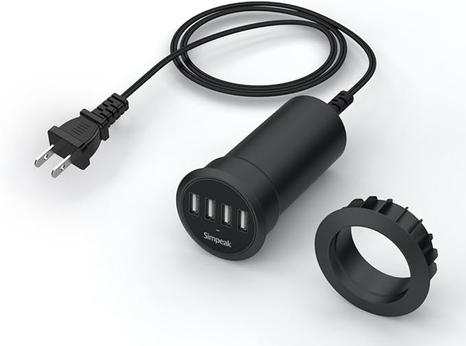Simpeak 30W 4-Port USB Desk Charger Desktop Charging Station Mounts on The 2.0"/2.4" Grommet Hole with Power Cable (Match 2pcs Grommet),C51 Black