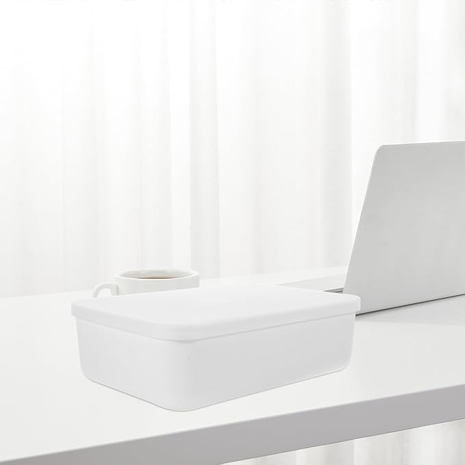 BESPORTBLE White Desktop Storage Box with Lid Medium Space-saving Desk Organizer for Pens and Items Dustproof Home Storage Cube for Office and Bedroom Easy-clean Practical Container