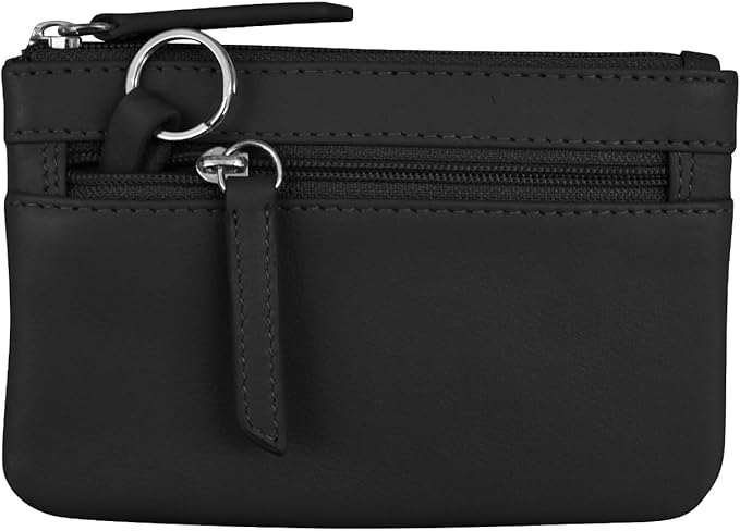 ili New York Mini Leather Coin Purse, Compact Genuine Leather Pouch with Key Ring & RFID Protection, Used for Coins, Keys and Cards, Ideal for Travel and Everyday Carry, Black