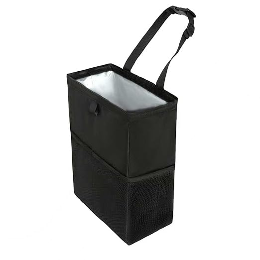 Car Trash Can, 3.4 Gallons Leak-Proof Hanging Trash Bin with Hook and Loop Lid and Handle, Multipurpose Car Organizer with Storage Pockets for SUV, Truck, RV and Camping