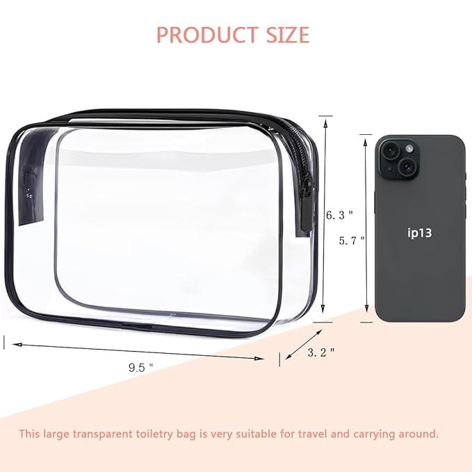 TRODANCE Clear Toiletry Bag, 2 Packs TSA Approved Water resistant Travel Organizer, Airport Airline Travel Essential Carry On Makeup Cosmetic Bags for Women, Black - 2 packs