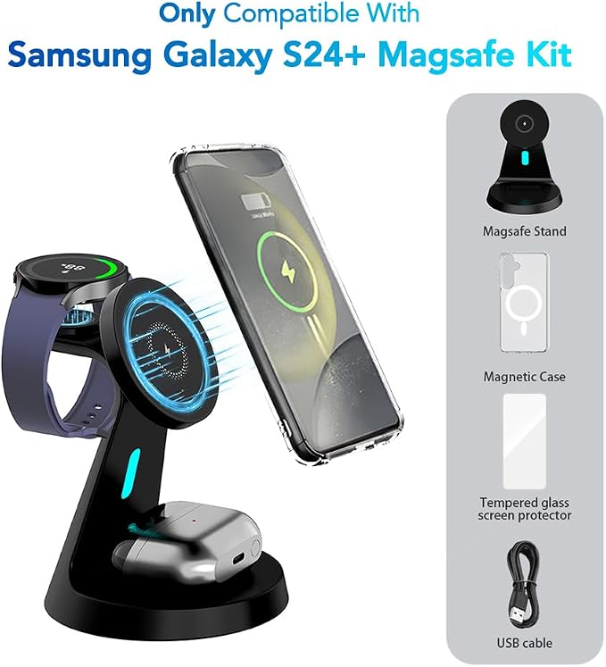 for Samsung Galaxy S24+ Dedicated Magnetic Charging Kit，3 in 1 Charging Station Compatible with MagSafe Samsung Charger for Watch Charger Stand for Galaxy Watch Ultra 8 7, for Buds
