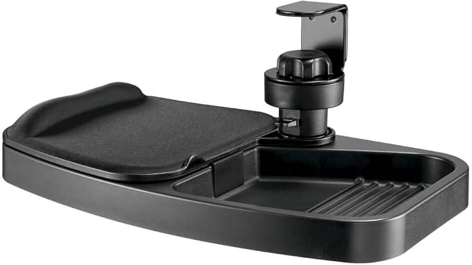 TRIPP LITE Under Desk Storage Tray Clamp-on Storage Tray w Mouse Pad, Wrist Rest - Office Desk Organizer 360 Swivel 5-Year Warranty (DMUDSC)