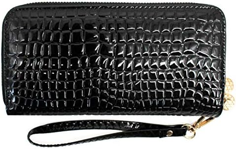 Women Patent leather Handbag Wallet Money Coin Purse Card ID Organizer Double Zip Around Black