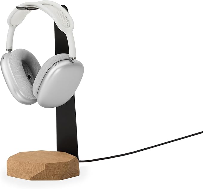Oakywood 2-in-1 Wooden Headphone Stand with Wireless Charging - Wood Headphone Holder ??Stainless-Steel Base ??Handcrafted Headphones Stand for Desk - Qi-Compatible Wireless Charging ??Oak