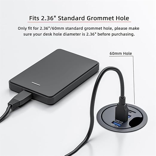Cablecc 3 Port USB 3.0 Hub SD TF USB Splitter 60mm Desk Grommet Dock Station Micro-SD Card Reader for Desktop PC Desk(SD TF USB 3.0)