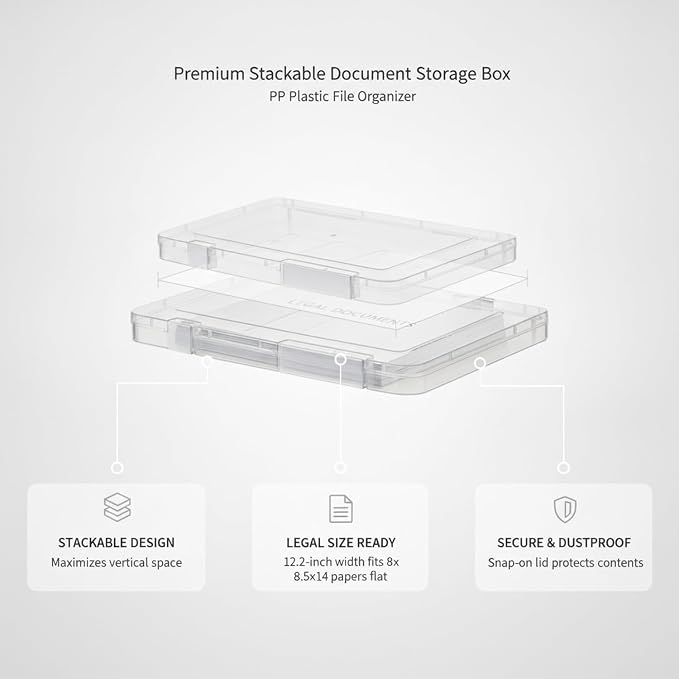 Easy-Access Stackable File Box with Lid, White PP Plastic Document Organizer for Legal Size Papers, Desktop Storage Bin (1 Pack)