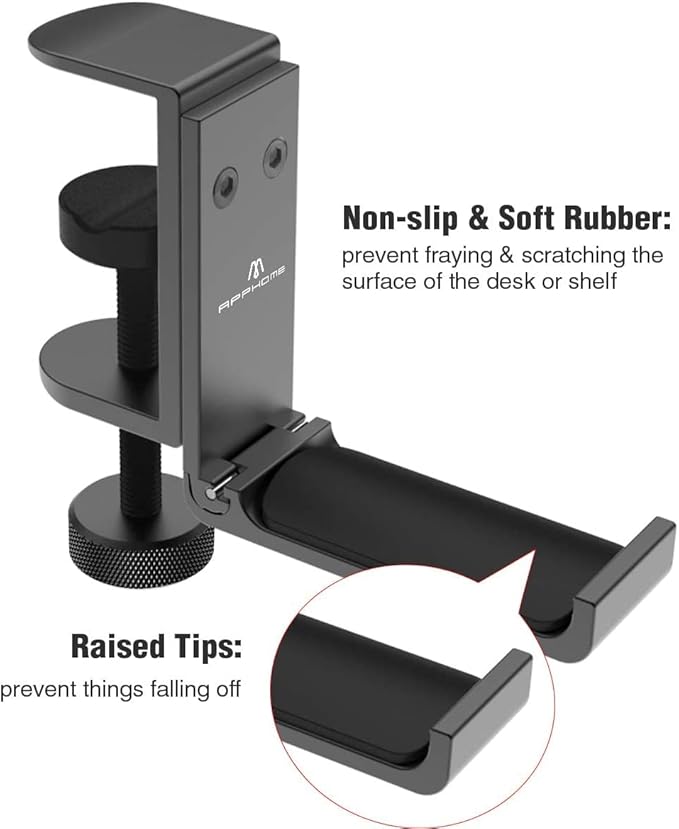 2 Pack Foldable Headphone Stand Hanger Holder, Aluminum Under Desk Clamp Hook Mount, Space-Saving Soundbar Stand with Universal Fit for Gaming PC Accessories