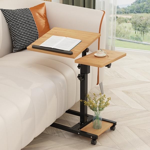 Mobile Height Adjustable Laptop Desk with Mouse Pad, Portable Laptop Desk Rolling Tiltable Table with Small Side Table for Couch,Rolling Computer Stand