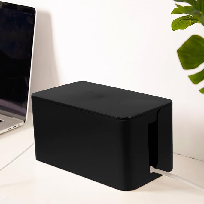 Cable Management Box Cord Organizer for Home Office, Compact Black Plastic Power Strip Cord Hides Box with Lid for Desk and Electronics Storage