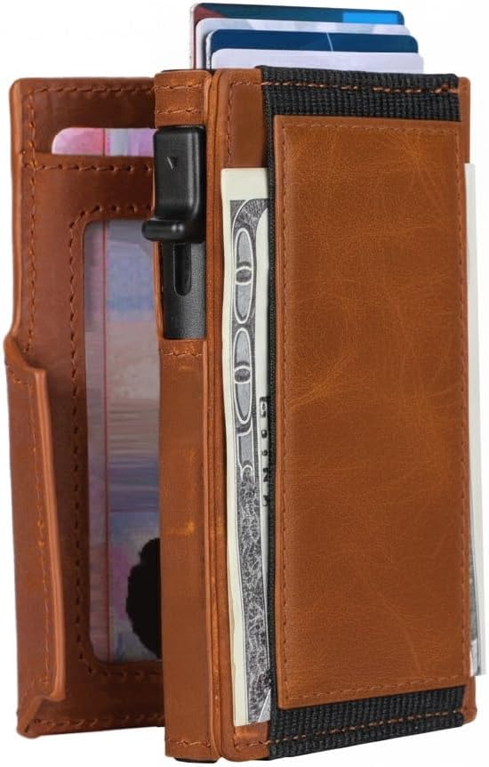 Minimalist Pop Up Wallet for Men | RFID Blocking Credit Card Holder Wallet with Money Clip | Mens Wallet Slim Bifold Front Pocket Metal Case with Gift Box (Genuine Full Grain Soft Leather)