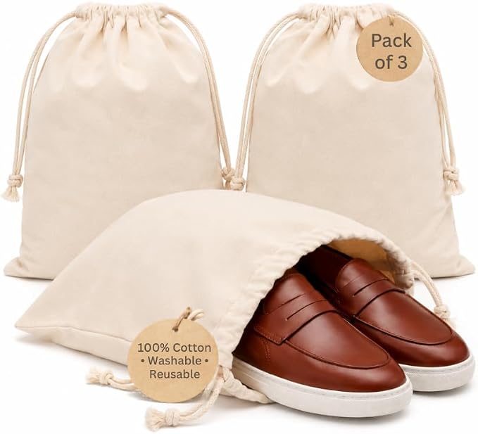 Cotton Shoe Bags with Drawstring | Dustproof, Washable Travel Shoe Pouch | Natural Canvas Organizer for Men & Women | Fits Sneakers, Sandals, Slippers | 14” x 17” (Pack of 3)