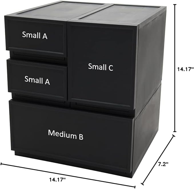 ASTAGE drawer block plastic bins stacking storage modular storage drawer home closet living office organizer with divider (Black, Medium B)