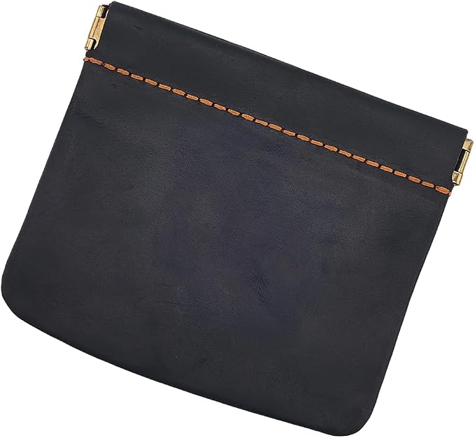 4.72 x 4.02 Inch Genuine Leather Squeeze Coin Purse Pouch Crazy Horse Leather Small Makeup Bag for Purse Snap Closure Organizer Pouch Mini Self-Closing Lipstick Pouchic for Women Men(Black)