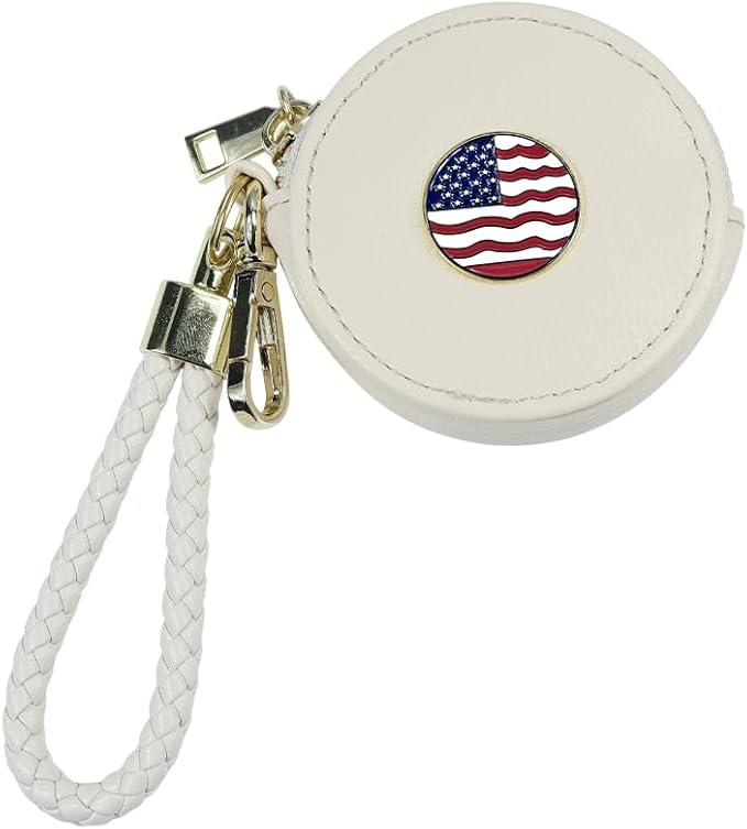 Coin Wallet Purse, Beige PU Leather Round Zipper Coin Purse, Mini Leather Coin Purse, Keychain Bag Charm, Shoulder Bag for Girls & Women (White American Flag)
