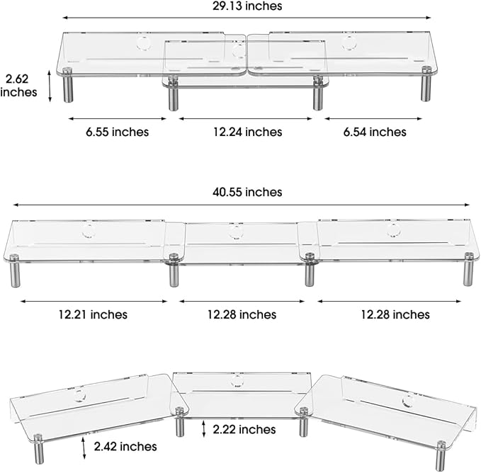 dual monitor stand riser, 3-layer transparent acrylic monitor stand with anti slip pad, adjustable length and angle, suitable for 2 monitors, desktop, laptop, PC, printer, TV screen