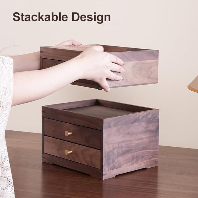 Solid Walnut Wood Desk Drawer Organizer – 1/2 Tier Desktop Storage Box with Drawers for Stationery, Makeup, Jewelry, Remote Control (Double)