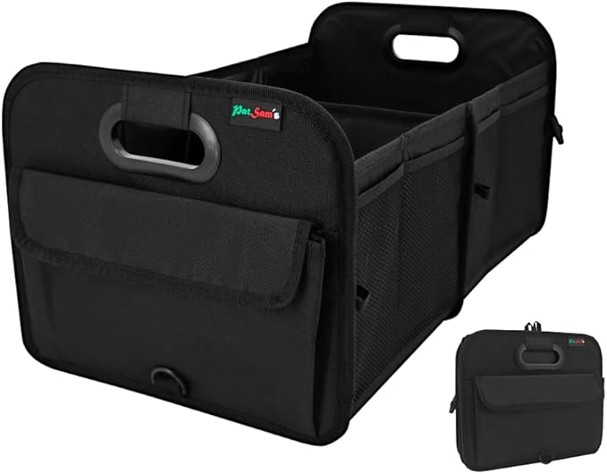 PAT SAM'S Trunk Organizer for SUV, Foldable Car Storage Organizer with Dividers, Waterproof Oxford, Collapsible Car Storage Box with Pockets for Grocery, Tools, Travel (Black)