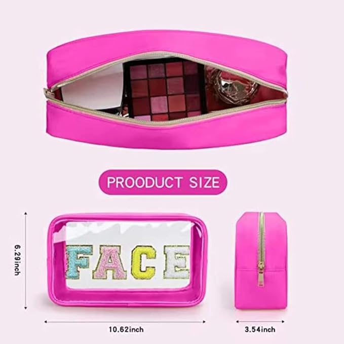 Large Chenille Letters Makeup Bag - Clear Glitter Preppy Patch Stuff Cosmetic Bag for Travel, Beach, Women's Gift (10.62*6.29*3.54 inch, Sky Blue)