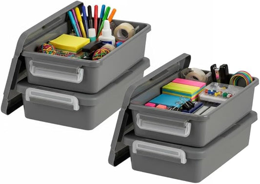 IRIS USA 3 Qt. Plastic Craft Storage Container Bins with Lids, 4 Pack, Small Art & Office Supply Organizer Tote, Sensory Bins & Boxes for Home & University, Stackable, Secure Latch Buckles, Gray