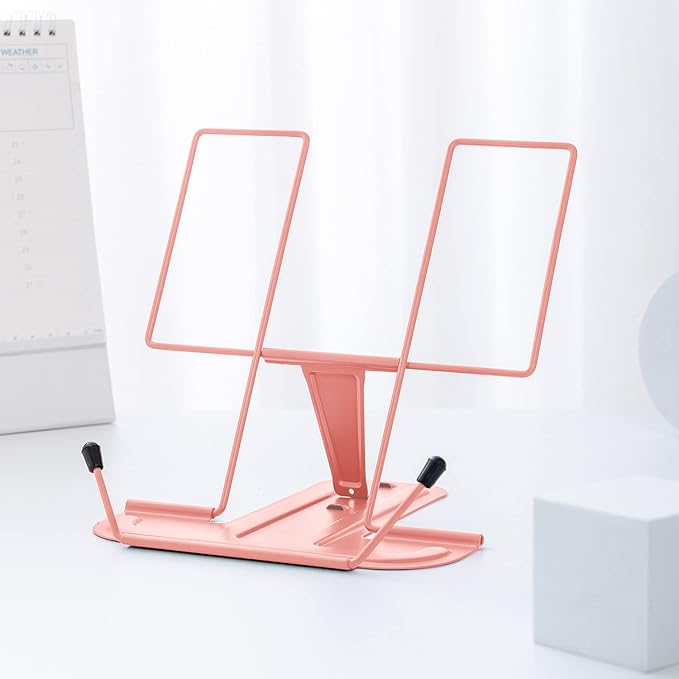 MSDADA Metal Book Stand for Desk, Adjustable Reading Rest, Portable Cookbook & Document Holder, Sturdy Typing Stand for Recipes, Textbooks, Tablets & Music Books with Page Clips (Morandi Pink)