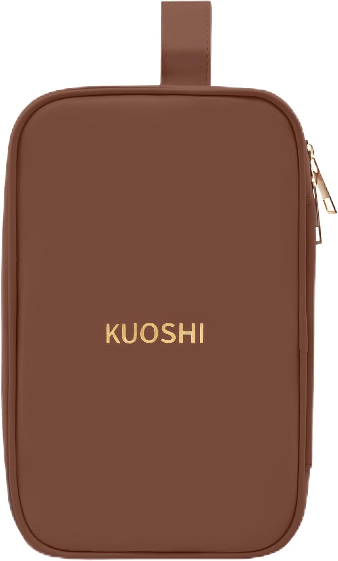 Travel Makeup Bag for Women, Large Capacity Waterproof Cosmetic Organizer with Divider & Handle, Portable Open Flat Toiletry Pouch for Travel Accessories (Brown)