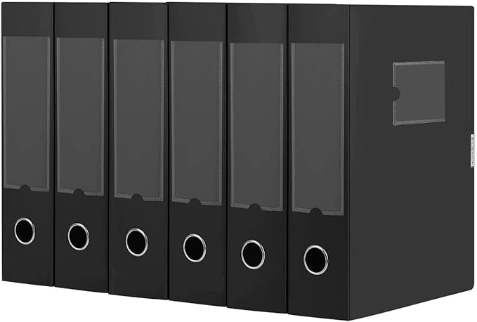 HUA JIE A4 Storage File Boxes Plastic Archives Cases with Lid, File Folder Organizer Document Filing Box for office,31×7.5×23.5 cm, Black(Pack of 6)
