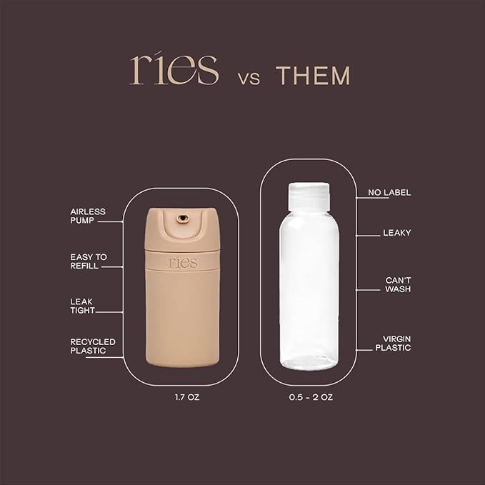 RIES Starter Set Toiletry Travel Bottles – Set of 3 (1.7oz) Airless Pump Containers for Shampoo, Conditioner, Body, Face – Leak-Proof, TSA-Approved, Dishwasher Safe- (Outlier Sand)