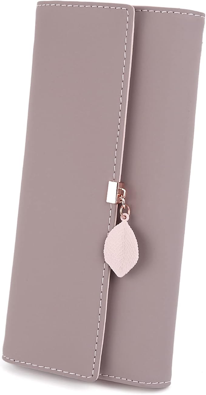 UTO RFID Wallet for Women PU Leather Leaf Pendant Card Holder Phone Checkbook Organizer Zipper Coin Purse | Leaf Pendant