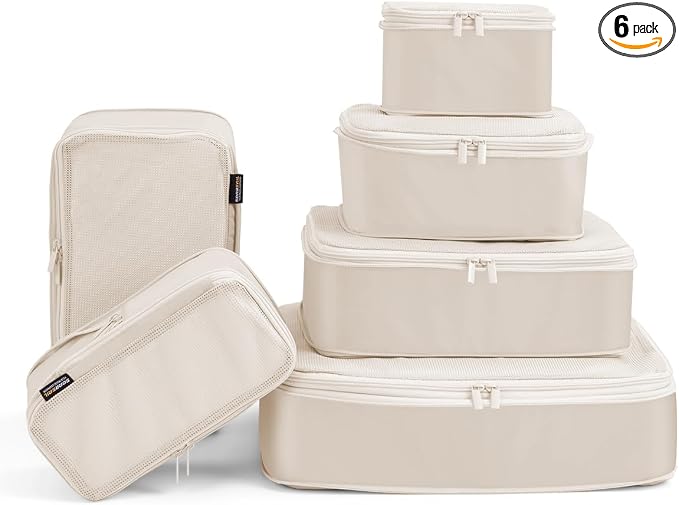 Compression Packing Cubes for Travel, 6-Piece Set (Large/Medium/Small), Double-Zip Luggage Organizers for Suitcase & Carry-On, Clothes Storage Bags (Cream White, 6 Pack)