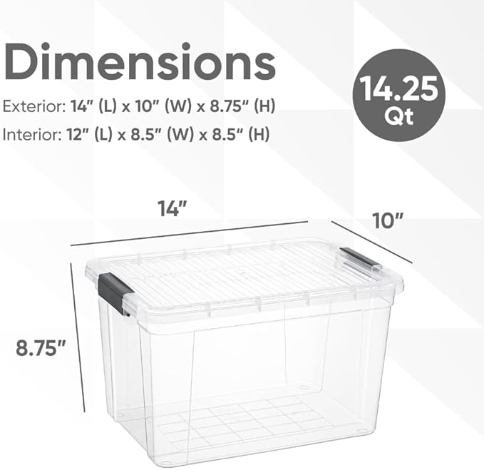 Superio Clear Storage Box with Lid, 14.7 Quart Plastic Container Bins for Organizing, Stackable Crates, BPA Free, Non Toxic, Odor Free, Organizers for Home, Office, School, and Dorm